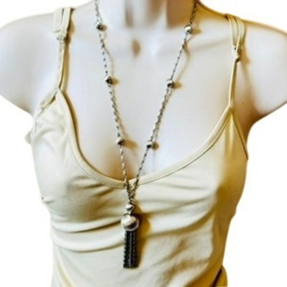 Monet Tassel Classic Chain Necklace VTG Silver Tone 60s Statement MOD MCM 27"